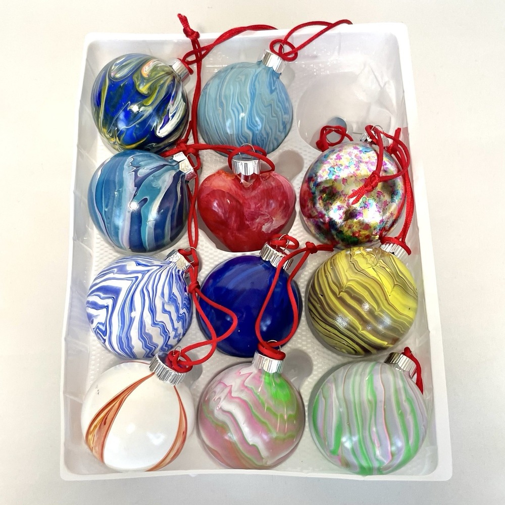 Handcrafted Glass Christmas Ornaments Set of 11 Marbled Multicolor Holiday